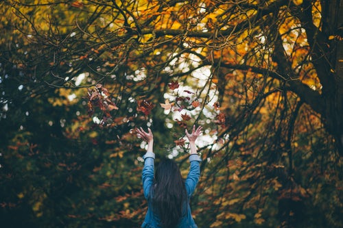 идеи за есенни снимки за инстаграм - хвърля листа в гората